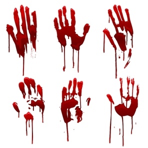 Bleeding hand trace, bloody hand prints set. Horror and dirty red palm for halloween decoration. Scary elements with stain, splatter and streams isolated on white. Murder or crime vector illustration