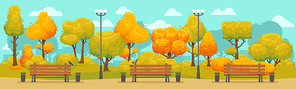 Colorful autumn trees. Cartoon yellow orange fall tree and autumnal garden bush icon with fall season gold leaves for city park and forest landscape background vector isolated symbol set
