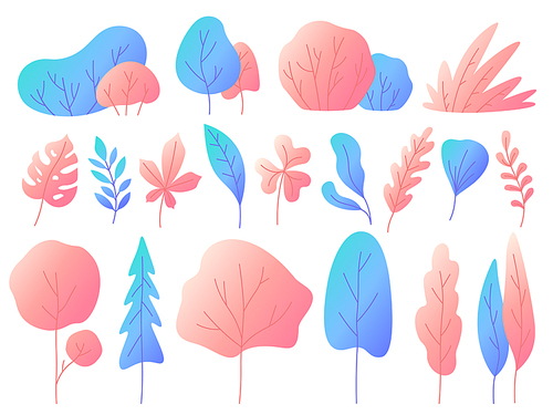 Minimal flat leaves with gradients. Color gradation trees, bushes and natural leaf sign. Floristic fantasy or botanical nature outdoor space design for garden vector isolated icon set