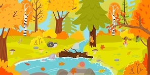 Autumn forest. Autumnal nature landscape, yellow forests trees and woodland fall leaves. October foliage fall autumnal scene, september park tree and river cartoon vector illustration