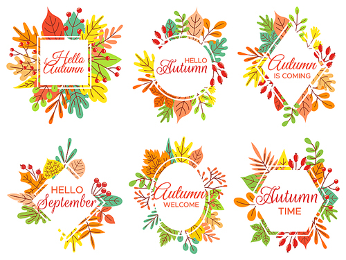Hello autumn. Welcome September, autumnal fallen leaves frame and yellow leaf lettering. Fall poster, hi autumn quote or september leaves card. Isolated vector illustration icons set