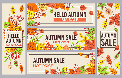 Fall sale banners. Autumn season sales promotion banner, seasons discount and autumnal poster with fallen leaves. September advertising foliage flyer labels. Isolated vector icons set