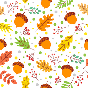 Seamless autumn leaves pattern. Fall season colors, fallen yellow leaf and autumnal acorns. Autumnal nature foliage wallpaper, fabric or wrapping vector illustration