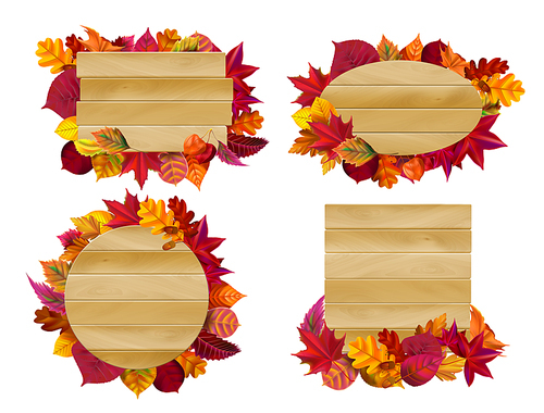 Wooden signs with autumn leaves. Yellow fall leaf, seasonal wood banner. Autumnal signboard, farm rural eco branch placard or park leaf label. Isolated vector illustration icons set