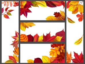 Realistic autumn leaves banners. Yellow garden leafage, flying leaf and fall season banner bundle. Autumnal season flying golden leaves frames vector illustration set