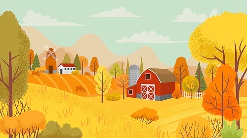 Autumn farming landscape. Country farm, yellow trees and farmhouse field. Autumnal rural village countryside nature cartoon vector background illustration