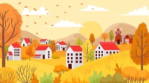 Autumn village landscape. Countryside autumnal gardens, yellow trees and sunny day. Farm agriculture autumn fall season nature vector background illustration