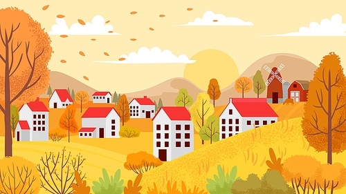 Autumn village landscape. Countryside autumnal gardens, yellow trees and sunny day. Farm agriculture autumn fall season nature vector background illustration