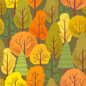 Seamless autumn forest trees pattern. Colorful forest tree, outdoor park plants and minimalist floral. Autumnal foliage lush wrapping or wallpaper vector background illustration