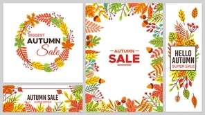 Autumn sale banners. Colorful fall leaves, seasonal discount. Tree foliage as maple and chestnut leaf, acorn and berry circle frame or border for shop or store super offer vector illustration