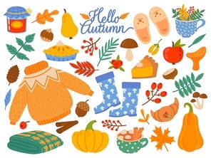 Autumn elements. Falling leaves, yellow plants and food, harvest festival or thanksgiving day seasonal abstract cartoon vector set. Autumn leaf forest, nature season elements cartoon illustration
