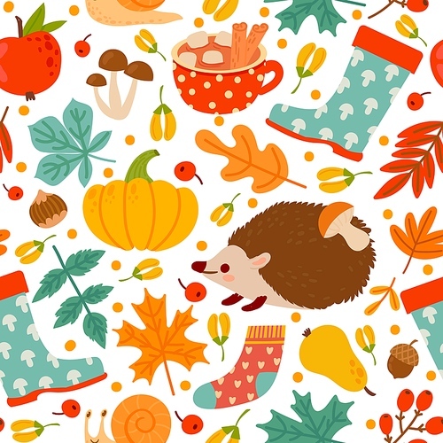 Autumn seamless pattern. Drawing pumpkin, nuts, plants. Abstract harvest time, thanksgiving day  paper or textile vector texture. Illustration seamless endless, sweater and rubber boots
