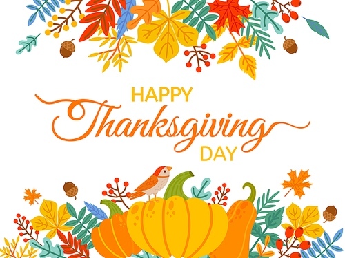 Thanksgiving Day. Hand drawn Happy Thanksgiving cover with lettering and holiday elements fall yellow leaves and berries vector background. Illustration thanksgiving traditional poster