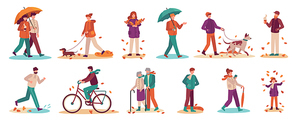 People in autumn. Couple with umbrella in rain, young and old man, woman walk autumn park. Fall season active lifestyle vector set. Boy riding bicycle, girl gathering fallen leaves and throwing