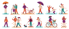 People in fall season. Men and women walk street, ride bicycle, walking dog. Young and adults umbrella in autumn park vector set. Illustration woman and man in autumn weather with dog and umbrella