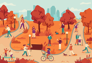 People in autumn park. Women and men relaxing outdoor, ride bike park, walking dog, jogging, enjoy fall season vector background. Autumn park season with people walking running and enjoy illustration
