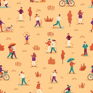 Autumn people seamless pattern. Men, women and child enjoying fall season, walk with umbrella and pets in park, ride bike vector background. Couple drinking coffee or tea, gathering leaves