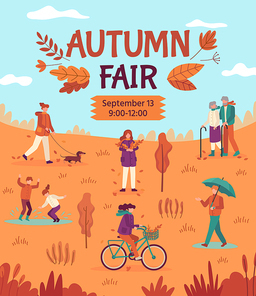 Autumn fair. People enjoying public park, fall festival, crafts and street food market, season harvest flyer cartoon vector poster. Illustration fair autumn banner, orange cartoon festival holiday