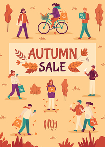 Autumn sale. People with umbrellas and shopping bags in city, fall season special offers, promotion price discount flyer, flat vector banner. Autumn shopping advertising, cheerful people illustration