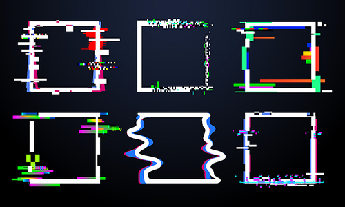 Glitch square frame. Trendy glitched squares shapes, abstract dynamic geometry frames with noise glitches. Distortion digital glitch video interference crash frame design vector isolated icons set