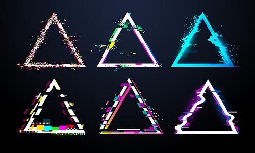 Glitch triangle frame. Distorted tv screen, flaw light bug effects on defect glitched triangles. Distortion digital glitches abstract neon frames interference crash vector isolated icons set