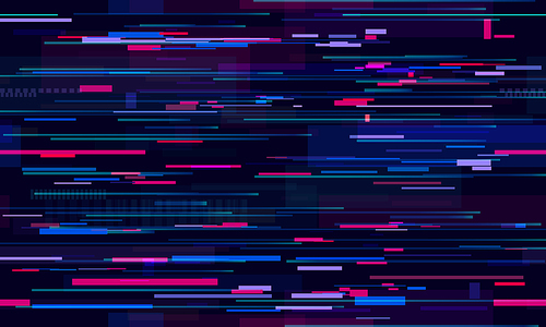 Futuristic neon glitch background. Glitched nightlife tech lines, street light motion and technology seamless pattern vector design. Pixel noise static texture TV screen