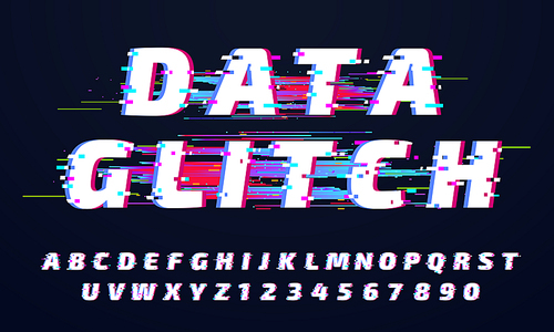 Glitch font. Digital glitched alphabet, game screen letters and broken old display lettering or distortion stylized tv vhs digital bug letter. Alphabet and numbers grunge vector isolated symbols set