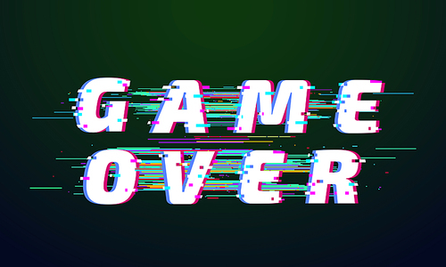 Glitch font. Game over distorted digital lettering screen. Glitched distortion display, broken television vhs noise pixel text vector illustration
