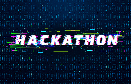 Hackathon background. Hack marathon coding event, glitch poster and saturated binary data code flux. Postmodern cyberpunk monitor, hackathon futuristic vector background illustration