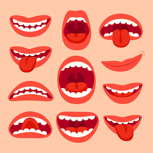 Cartoon mouth elements collection. Show tongue, smile with teeth, expressive emotions, smiling, shouting mouths and phonemes vector set isolated