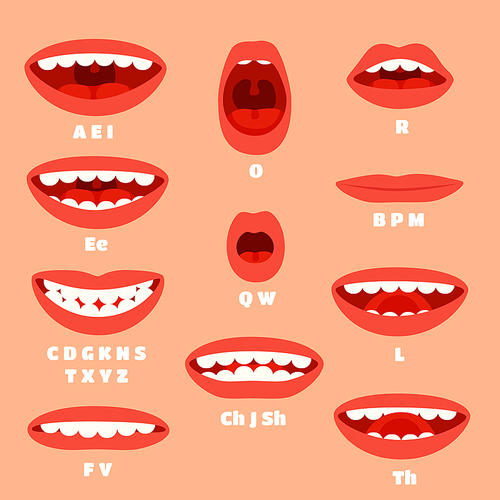 Expressive cartoon mouth articulation, talking lips animations. Lip sync animation phonemes for say expression affront, speaking and animated characters talk accents vector set