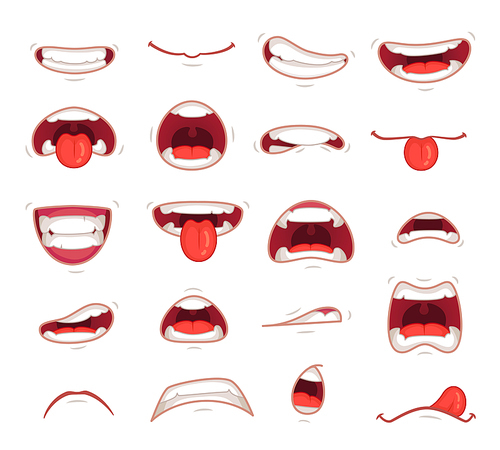 Cartoon mouths. Facial expression surprised mouth with teeth shock shouting smiling humor grin and caricature biting lip colorful set isolated symbols vector illustration collection