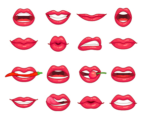 Lips collection. Beautiful girl smiling, kissing, biting pepper, cherry and lip with sexy red lipstick symbol. Cartoon beauty hot makeup valentine kiss colorful isolated vector icon set