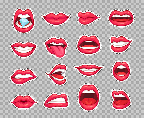 Candy lips patches. Vintage 80s fashion cartoon stickers with girl showing tongue smiling and diamond bitten lip with retro cherry sexy red lipstick makeup. Sticker patch isolated vector icon set