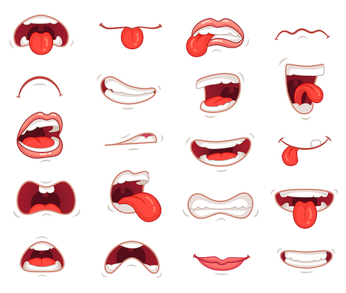 Funny mouths. Facial expressions, cartoon lips and tongues. Hand drawing caricature comic artistic character laughing and show tongue icon, happy and sad mouth poses emotions vector isolated sign set