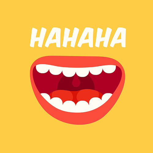 Laughing mouth. April Fools Day. Loud laugh and LOL smile face with teeth out, happy emoji doodle. Joke crazy funny spring prank humor bouche vector yellow background