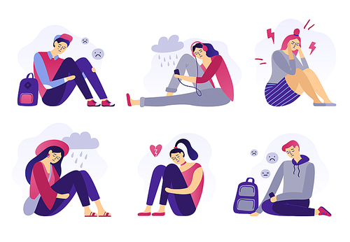 Depressed teenagers. Sadness student, unhappy stressed teen sad boy and crying girl. School stress, anxious introvert teen, lonely bullying abused teenager. Isolated flat vector illustration icons set