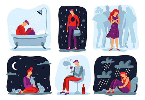 Feel loneliness. Feeling lonely, sad depressive person and social isolation. Depressed, sadness and sorrow crying girl, loneliness cat woman or melancholy young boy. Vector illustration icons set