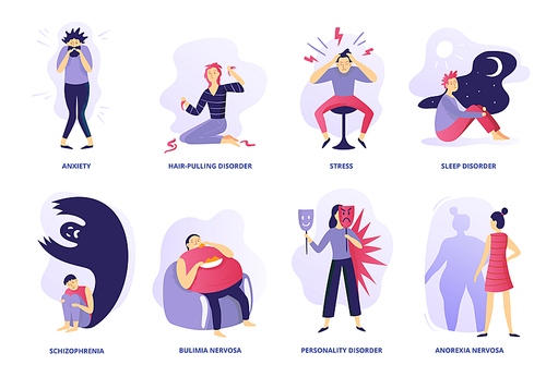 Mental disorders. Psychic illness, people psychotherapy and psychiatric problems. Mentality disorder, mental disorders illnesses or overweight anxiety stressed. Vector illustration isolated icons set