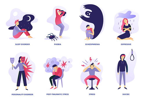 Psychiatric illness. Mental disorder, paranoia feeling and panic problem. Psychic illnesses and disorders, insomnia anxiety, schizophrenia mentally ill or suicide. Vector illustration icons set
