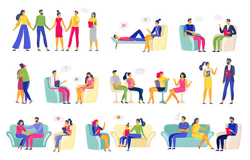 Psychotherapy session. Psychologic therapy, family psychologist and psychotherapist sessions. Addiction or depression treatment sessions, mental problem couch. Vector illustration isolated icons set