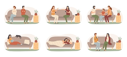 People on sofas. Happy healthy adults on couch, recovering sickness family and people on sofa basking under blanket. Families or friends sitting on couch together isolated vector icons set