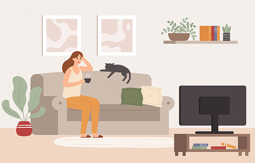 Young woman watch TV. Girl lying on couch with coffee mug and watching television show series. Female resting at cozy living room after work and watch movie vector illustration