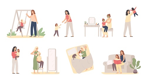 Mother and daughter. Motherhood love, daughters raising and little girl with mom. Mommy caring child, motherhood love or parenting lifestyle. Isolated vector illustration icons set