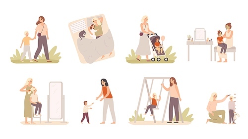 Mother and child. Mom play with daughter and son, motherhood love and happy kids. Parenting relationship, mom support kids. Isolated vector illustration icons set