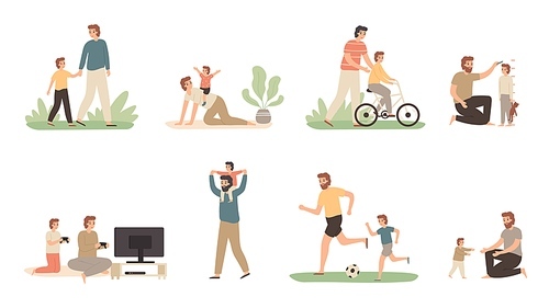 Father and son. Dad raising young boy, parenting child and fathers love concept. Daddy and son family activity, sons with father relationship or fatherhood isolated vector illustration icons set