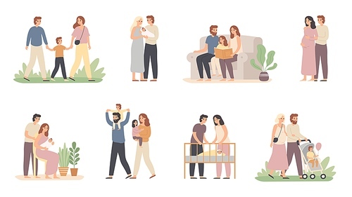 Parents and children. Young family with little baby, pregnant mom and father with son. Husband and wife with kids, familys lifestyle relationship. Isolated vector illustration icons set