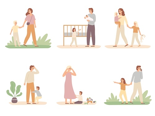 Parenthood problems. Crying child and tired parents, exhausted dad and kids want attention from mother. Isolated vector illustration icons set