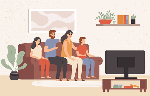 Family watching television together. Happy people watch tv in living room, young family watching movie at home. Parents and childrens watching show channel, colorful vector illustration