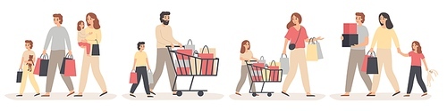 Family shopping. Parents buy gifts for happy kids, young couple with children in store and family sale. Character with purchase bag, family food purchasing. Isolated vector illustration icons set